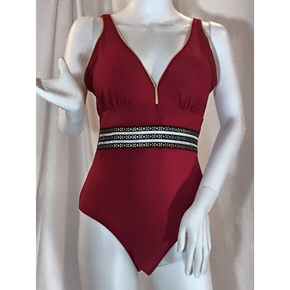 Red One-Piece Swimsuit – Size M – Metallic Gold Piping & Sheer Floral Waist Band - Picture 2 of 10